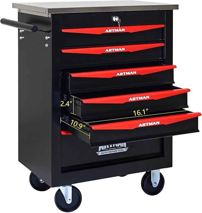6-Drawer Heavy-Duty Rolling Steel Tool Cart with Handle&Wheels, Metal Storage Organizer Cabinet, Tool Chest for Efficient Tool Storage in Garage, Warehouse, Workshop, Repair Shop, Black&RED