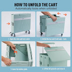 Folding Utility Cart Portable Rolling Crate Handcart Shopping Trolley Collapsible Tool Box, with Lid, on Rotate Wheels, for Grocery, Shopping, Office, Teacher, Camp,File (Green)