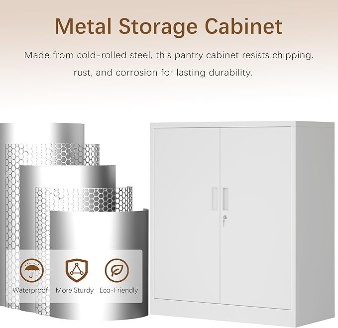 Metal Storage Cabinet, 36 Inch Tall Metal Storage Cabinet with Doors and Shelves, Pantry Cabinets for Kitchen Storage, Garage Cabinet for Living, Dining Room, Assemble Required.