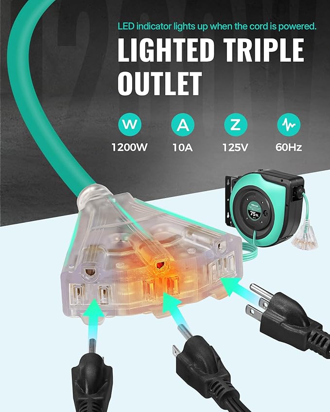 Retractable Cord Reel, 75 FT Heavy Duty Extension Cord, 14AWG/3C SJTOW, 3 Grounded Outlets Lighted Triple Tap, 10A Circuit Breaker, Wall/Ceiling Mounted, UL Listed, Light Green A75CR06