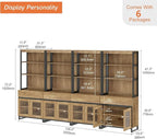 WAMPAT 4 PCS Modern 72" Tall Bookcase with 4 Drawers and Open Book Shelfs, Library Book Shelf with Storage Cabinet and Glass Doors, Wood Freestanding Bookshelves for Home Office, Living Room, Oak