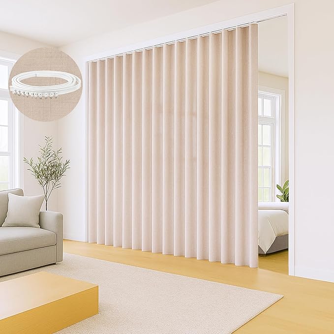 Faux Linen Semi Sheer 1 Panel Room Divider Curtain with Flexible Tracks, Extra Wide Light Filtering Privacy Curtains for Patio Sliding Glass Door, Room Divider Drapes for Living Room, Beige, W100xL96