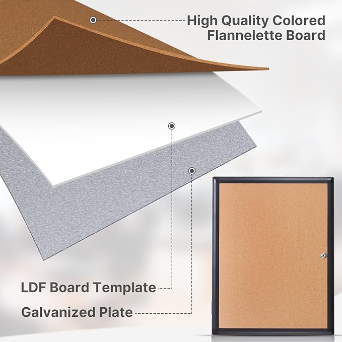 Enclosed Bulletin Board 28x26 Inch Indoor Outdoor Tamper-Proof Cork Wall-Mounted Notice Board with Rust-Resistant Aluminum Frame & Lock for Hospital, Restaurant Kitchen, Office (Black Frame)