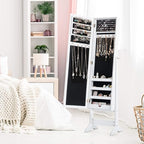 Giantex Jewelry Cabinet with Full-Length Mirror, Standing Jewelry Armoire Organizer with 64 Earring Slots, 72 Ring Slots, 20 Necklace Hooks, 4 Storage Shelves, 3 Angle Adjustable (White)