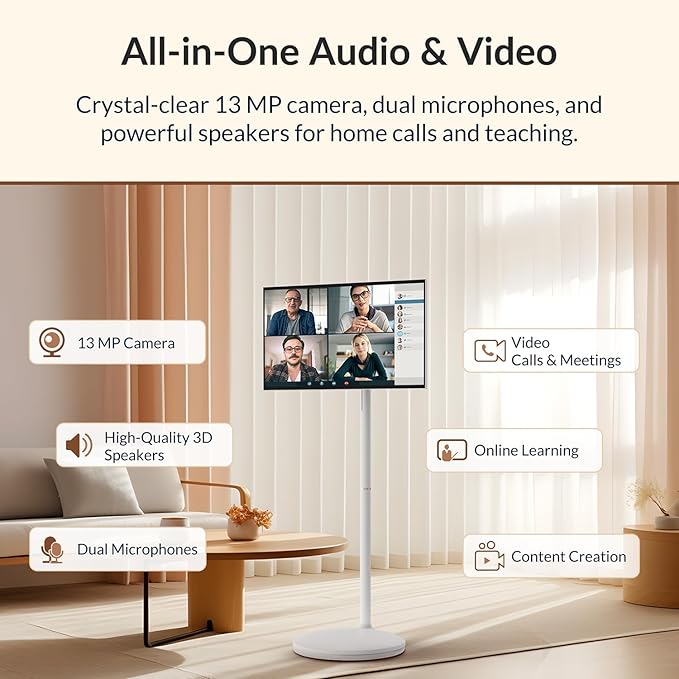 27" Smart Portable TV on Wheels, 16-Hours Playtime, Rolling TV with 8GB+128GB, Android 14, EDLA-Certified Touch Screen Monitor, 13 MP Camera, Remote & Voice Control