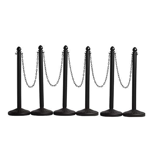 Montour Line Plastic Stanchion Black 2.5 Inch Diameter with 50 Foot Chain, 6-Pack, Crowd Control Barriers