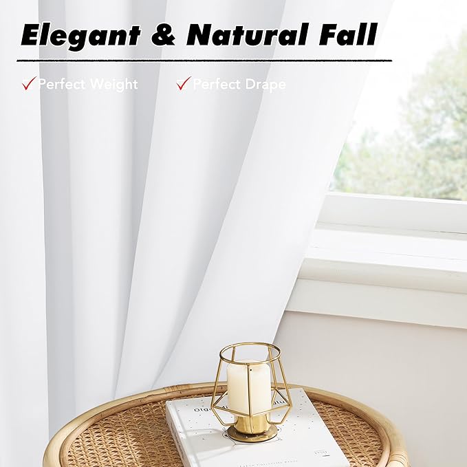 KGORGE Short Curtains 36 inch for Small Window, Back Tab Privacy Thermal Insulation Curtains Light Filtering Drapes for Bathroom Basement Offic, W34 x L36 inches, White, 2 Panels