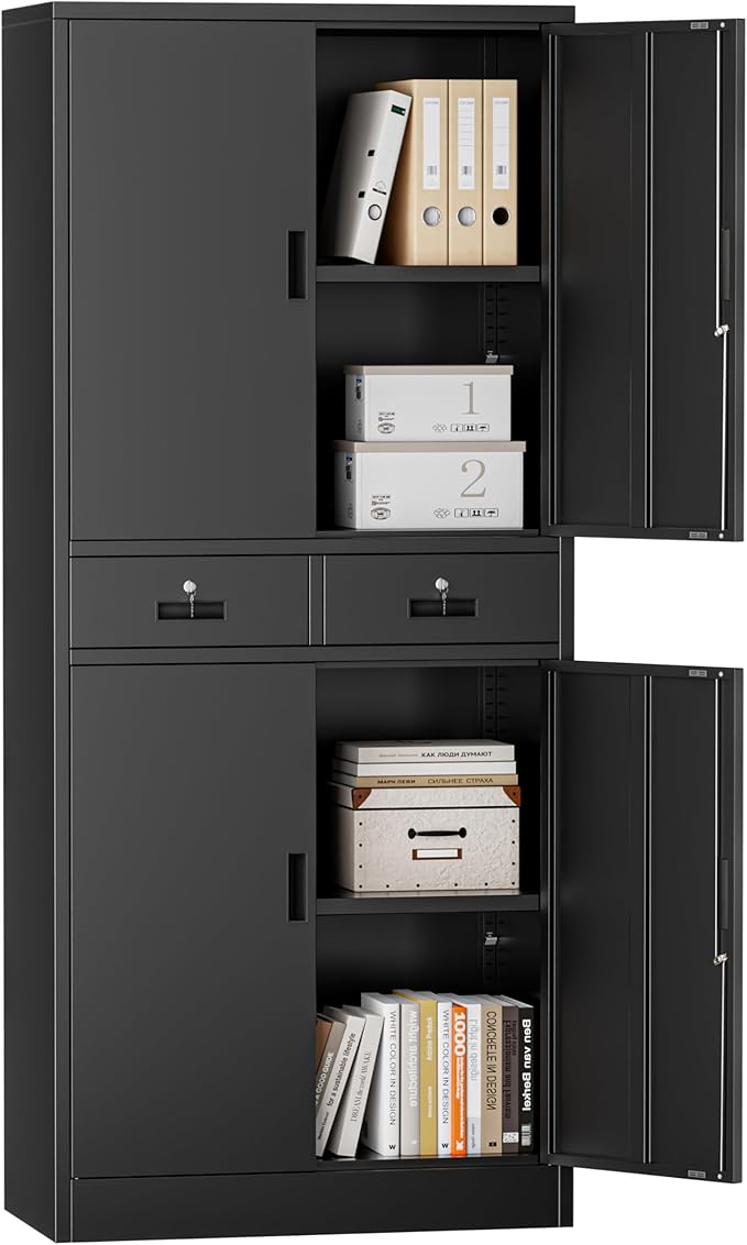 Metal Storage Cabinet，71" Garage Storage Cabinet with 2 Locking Drawer and 2 Adjustable Shelves ，Black Tool Cabinet，Lockable File Steel Cabinet for Home, Office, Gym, School.