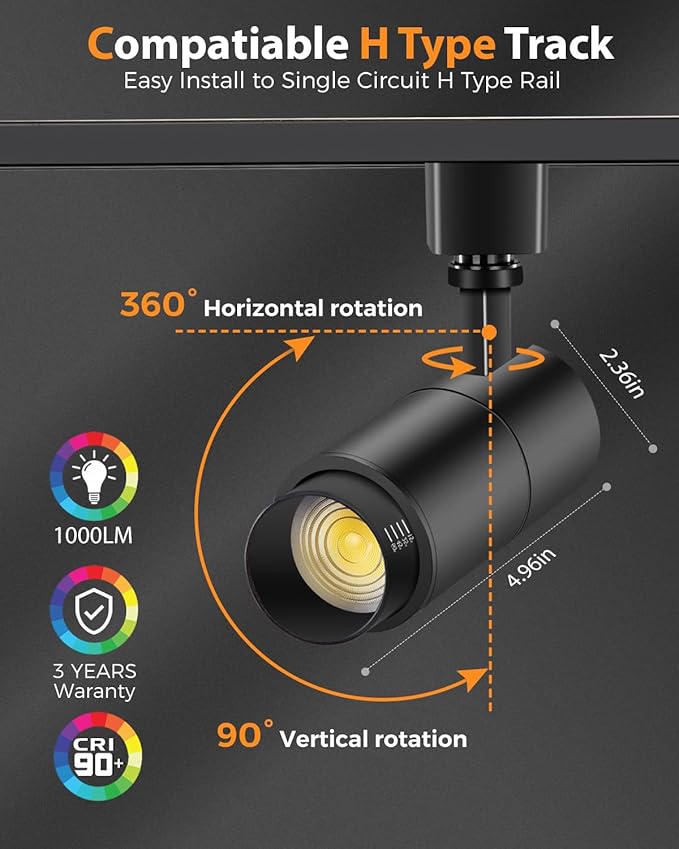VANoopee 3-Color Zoomable 10W LED Track Lighting Heads H Type Track Light Heads Dimmable Bright Ceiling Spotlight Fixtures Accent Art, 3000K 4000K 5000K Adjustable, CRI90+ 15°-60° 1000lm Black 6 Pack