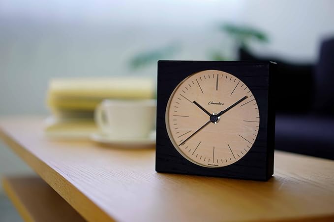 Wooden Desk Clock Japanese Handcrafted Solid Wood Clock Silent Non-Ticking Battery Operated Modern Decorative for Living Room Bedroom Office LINE Desk Clock CH-075 (Black)