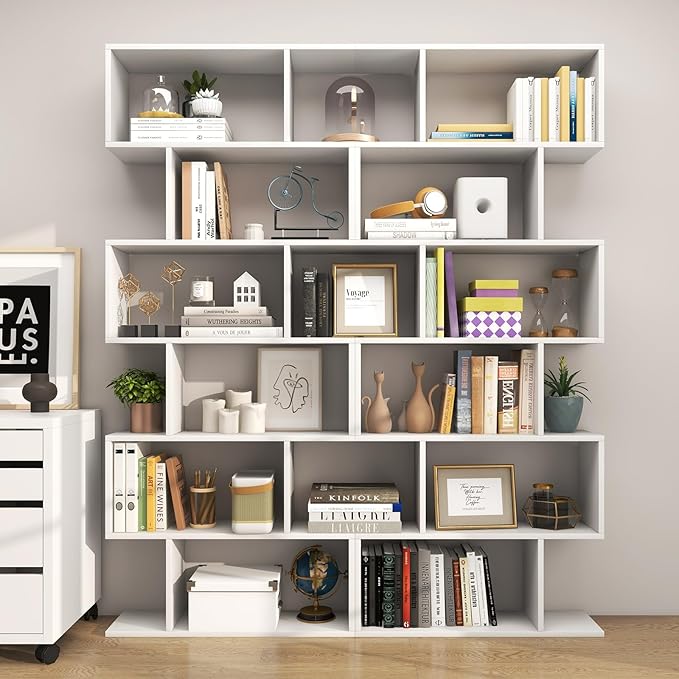 Tangkula 6 Tier S Shaped Bookshelf, 31.5''L x 9''W x 75''H, Wooden Bookcase and Bookshelves w/Anti-Toppling Device, Room Divider Display Shelves for Living Room, Home Decor, 6 Shelf Bookshelf