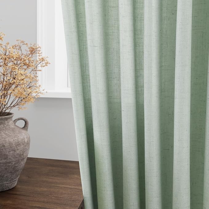 Nanspring Aqua Green Linen Curtains 102 Inches Long Rod Pocket Back Tab Drapes 2 Panels Set for Living Room Bedroom Light Filtering Semi Sheer Aqua Green Curtain 102 Length for Patio Door 52x102