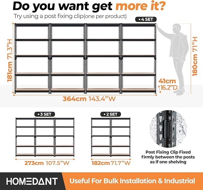 HOMEDANT 5 Tier Storage Shelves Adjustable Laminated Boltless Garage Metal Shelving Unit Heavy Duty Utility Rack Shelf Warehouse Pantry Closet Kitchen (3, (M) 35.9" W, Black)
