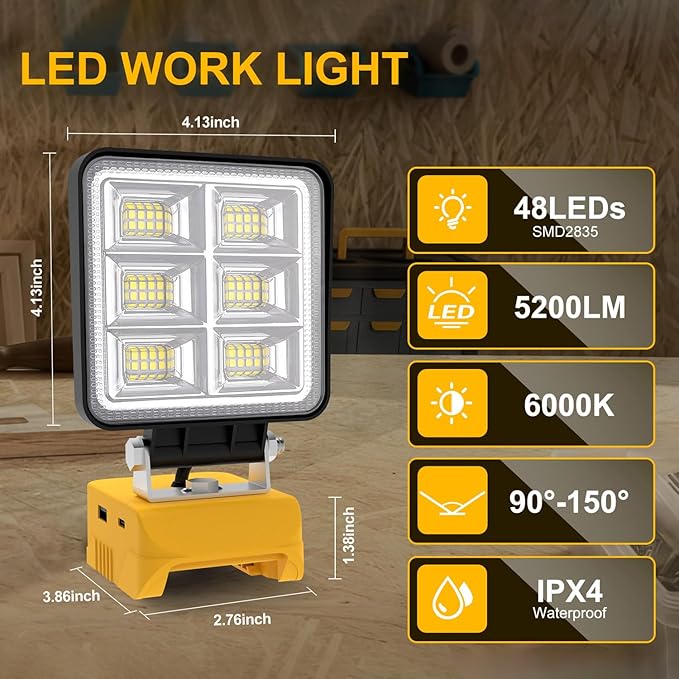 T-SUN Rechargeable LED Work Light, Portable Work Light Compatible with Dewalt 20V Battery, Cordless Flashlight Flood Light 52W 5200LM with USB &Type C Charger Port for Workshop, Garage Repair (2 Pack)