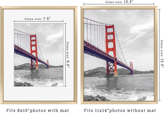 Frametory, 11x14 Metal Picture Frame with Mat for 8x10 Picture & Real Glass, Aluminum Photo Frame Collection (Gold, 2 Pack)