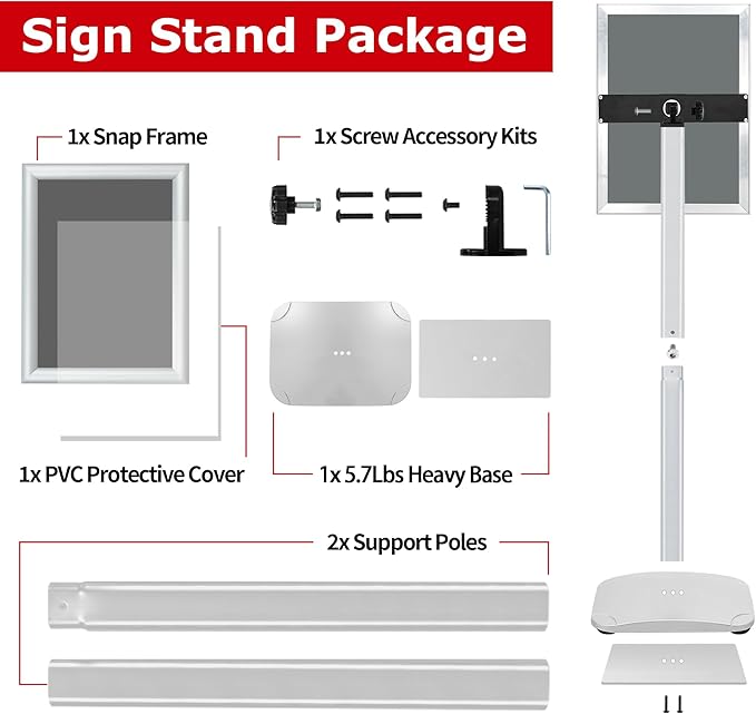 Heavy Duty Standing Sign Holder 8.5x11 Inch - Pedestal Floor Sign Stand with Weighted Base - Vertical & Horizontal View Poster/Menu Holder for Indoor/Outdoor Business Store Advertising, Silver