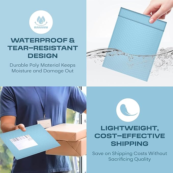Light Blue Large Poly Bubble Mailers 12x15 inch | Self Seal Padded Envelopes Cushioned Bubble Mailer | Usable Size 12x15 | WaterProof | Lightweight mailing Shipping Bags | 100 Pack Bulk