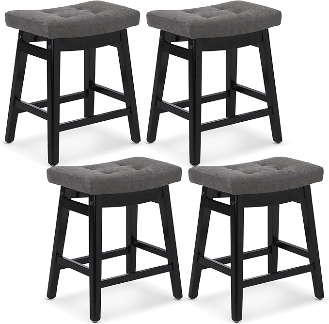 Counter Height Bar Stools Set of 4 for Kitchen Counter Farmhouse Modern Barstools with Faux Leather Upholstered Backless Seat and Solid Wood Legs 24 inch Bar Chairs, Grey + Black
