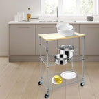 Chrome 3-Tier Rolling Kitchen Cart with Wheels 14" D x 24" W x 34" H and Wood Board Tabletop and 4 Hooks, 300 Pound Capacity, Great for Coffee Cart, Food Service Cart or Utinity and More.