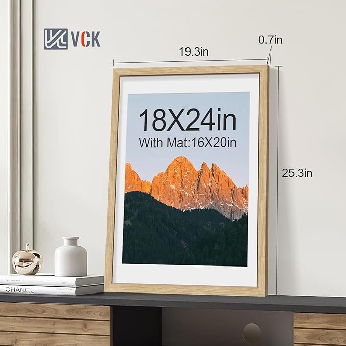 VCK 18x24 Poster Frame 5 Pack - Natural Oak, High-End Wood Picture Frames with Polished Plexiglass, Display 16x20 Photo with Mat or 18x24 without Mat, Art Gallery-Quality, Wall Hanging, Natural Oak