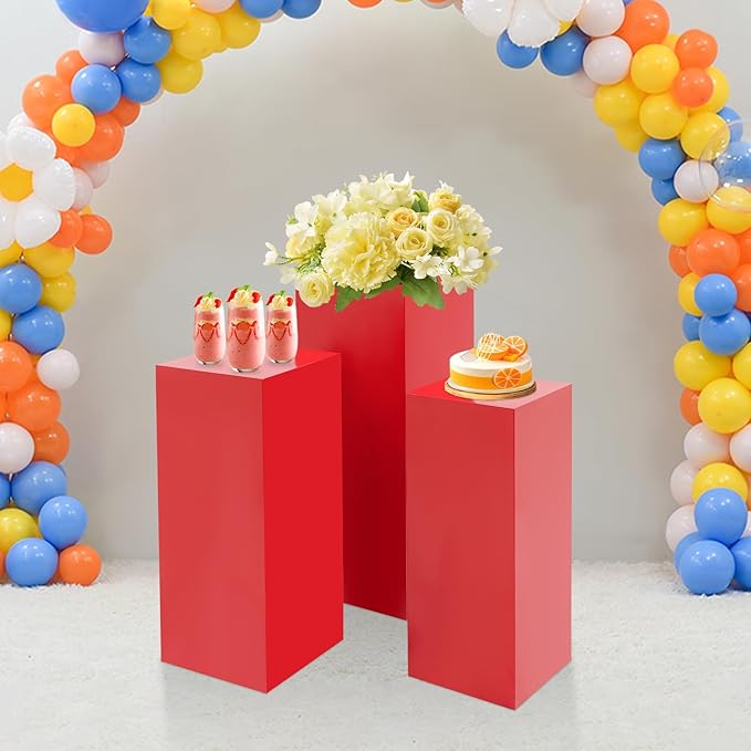 OUKANING 3 PCS Metal Display Pedestal Stands, Square Red Display Stands Pillars, Decoration Cube Sculpture Display Column for Wedding Party Baby Shower Birthday, H31.49'', 25.59'', 23.62''
