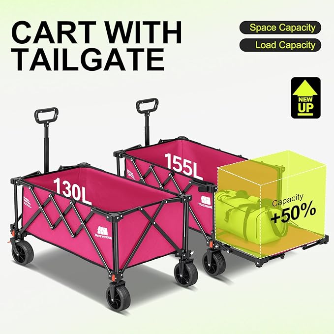 Collapsible Wagon Cart with Extended Tailgate,Heavy Duty Folding Cart, 155L Foldable Utility Wagons for Beach, Picnic, Grocery, Outdoor Camping(Pink)
