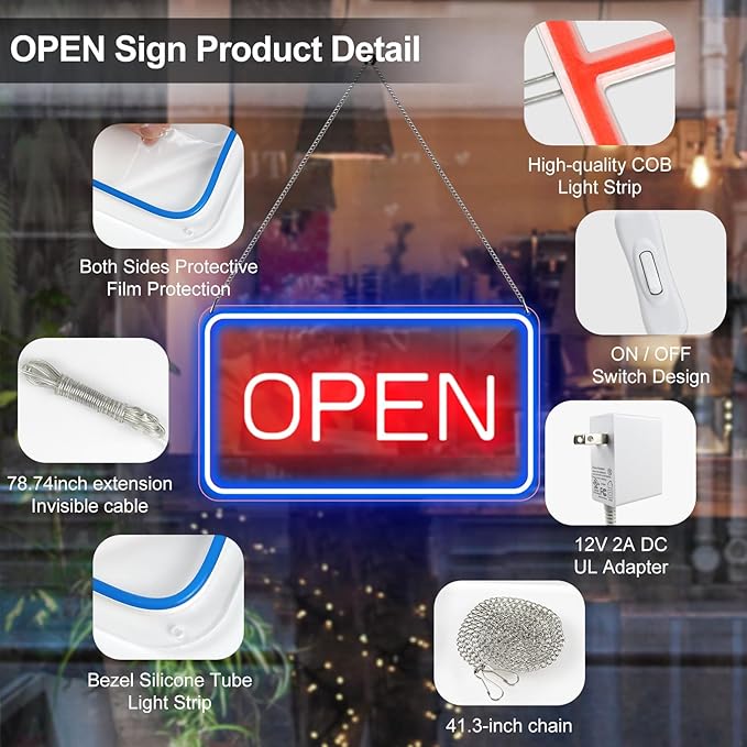 inShareplus 16"x 9" Super Bright Open Sign,12V LED Neon Open Signs for Business for Window, with ON/OFF Switch, Electric Light up Signs for Stores, Restaurants Retail Shops (Blue-Red-Horizontal)