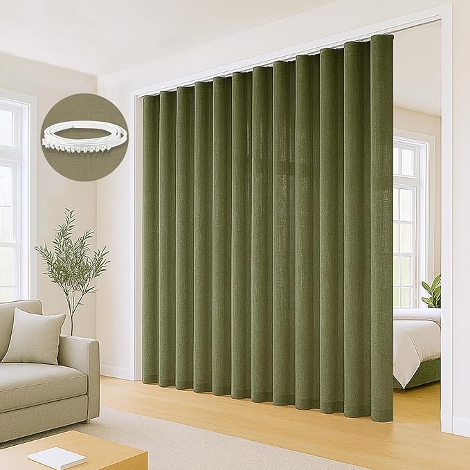Faux Linen Semi Sheer Room Divider Curtain with Flexible Curtain Track, Light Filtering Privacy Curtain for Patio Sliding Glass Door, Room Dividing, Living Room Bedroom, Olive Green, W72xL72, 1 Panel