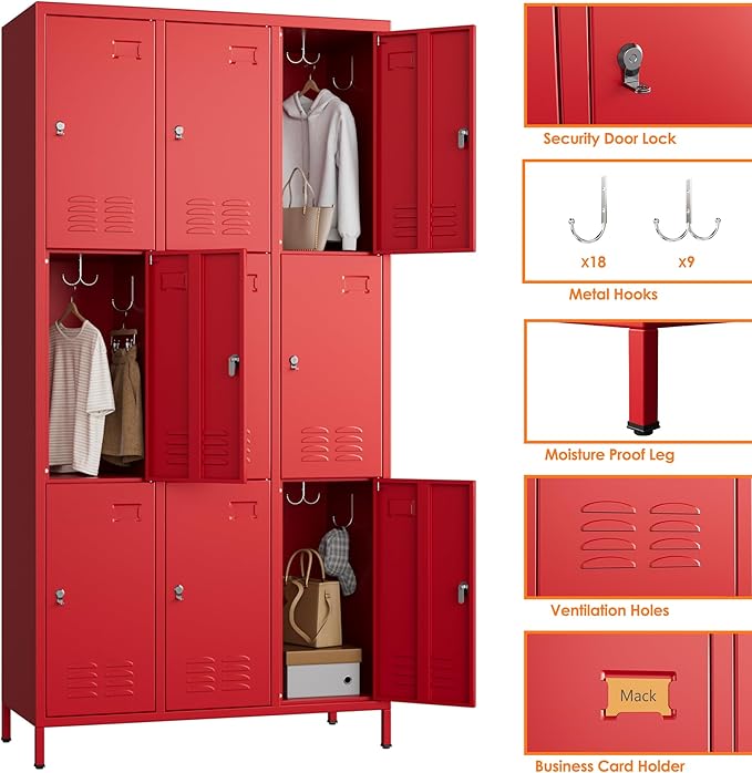 Aobabo New 9 Doors Metal Storage Locker for Employees, Lockable Steel Locker with Name Card Slot and 27 Hooks for School Office Gym Garage, Red, Assembly Required