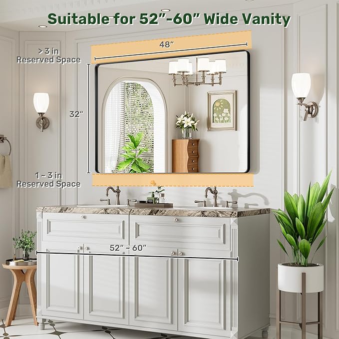 48X32 Black Bathroom Mirror for Over Sink, Metal Framed Vanity Mirror Wall Mounted, Rectangle Mirror for Bedroom Living Room Restroom Entryway, Anti-Rust, HD Tempered Glass