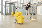 Rubbermaid Commercial Products WaveBrake 35 Qt. Side-Press Mop Bucket and Wringer Combo on Wheels Yellow for Professional/Industrial/Business Heavy-Duty Floor Cleaning/Mopping