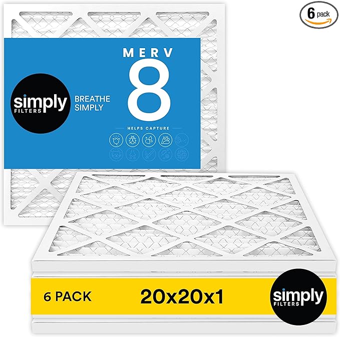 Simply 20x20x1 Air Filter, Merv 8, MPR 600, 6 Pack, Furnace Air Filter for HVAC (Actual Size: 19.75"x19.75"x0.75") DUST, Pet, & Allergy Control
