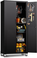 71'' Garage Storage Cabinet on Wheels Black Metal Tool Cabinets with Locking Doors and 3 Adjustable Shelves,Heavy Duty Tall Rolling Steel Cabinets for Garage Warehouse Basement Office