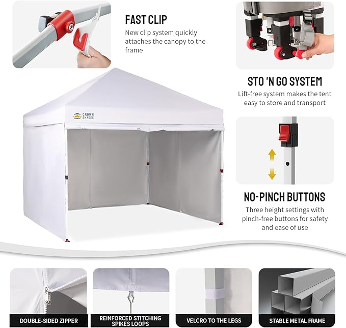 CROWN SHADES 10X10 Comercial Instant Canopy Pop Up Tent with Center Lock, 300D Fabric, 4 Sidewalls, Sto'N Go Bag, White