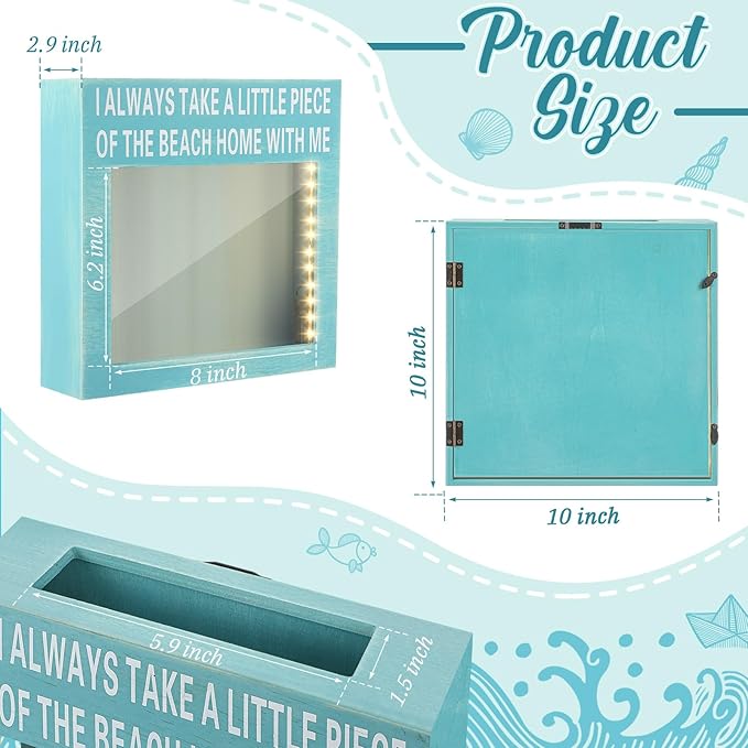 Juexica Seashell Holder with Light Display Box Room Decor Ocean Themed Gifts for Christmas Display Case Sea Shells Beach Coastal Decor Acrylic Wall Hanging (Blue,Beach)