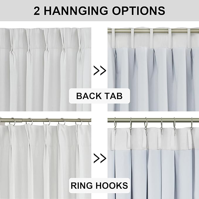 Vision Home White Pinch Pleated Full Blackout Curtains 60 inch Wide Thermal Insulated Window Curtains for Living Room Bedroom Room Darkening Pinch Pleat Drapes with Hooks Back Tab 1 Panel 60" Wx63 L