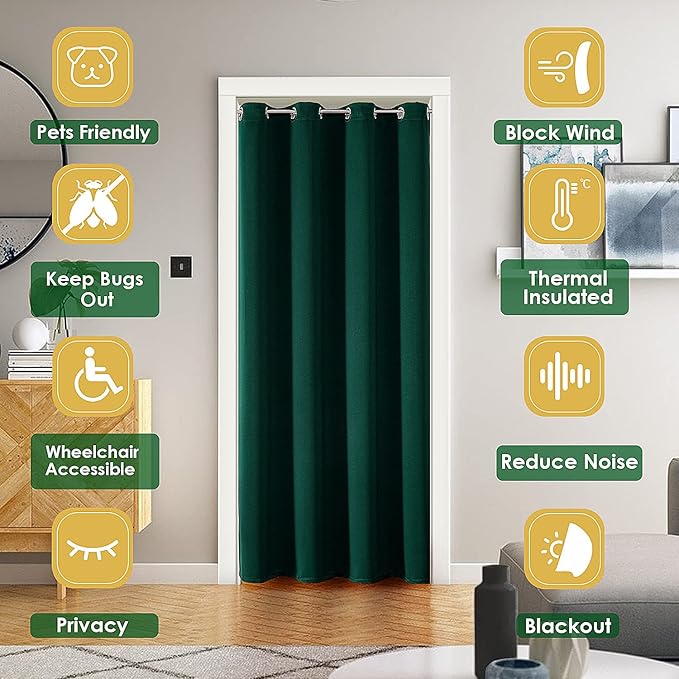 ChrisDowa Blackout Door Curtains for Doorway Privacy, Grommet Closet Curtain for Bedroom Closet Door, Thermal Insulated Doorway Cover Room Divider Drapes (1 Panel, Forest Green, 42 x 80 Inch)