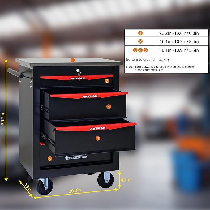 4-Drawer Heavy-Duty Rolling Steel Tool Cart with Handle&Wheels, Metal Storage Organizer Cabinet, Tool Chest for Efficient Tool Storage in Garage, Warehouse, Workshop, Repair Shop, Black&RED