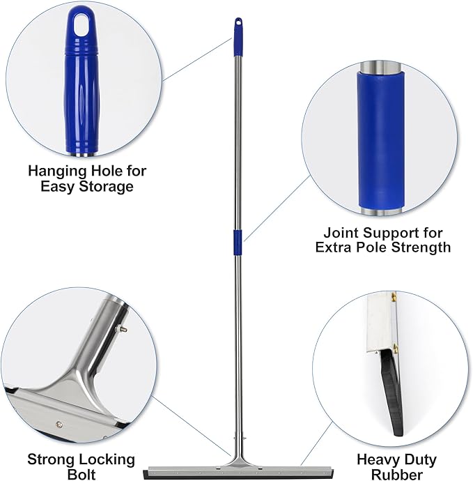 Floor Squeegee Scrubber 55inch Long Stainless Steel Handle with 22inch Wide Silicon Rubber Blade - Perfect Squeegee Broom for Floor Washing and Drying Shower Glass, Marble, Wood Surfaces