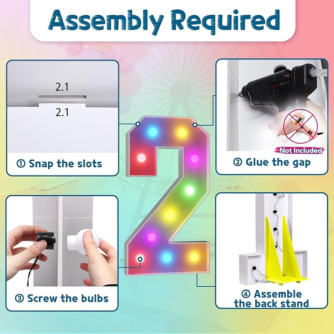imprsv 4FT Colorful Marquee Numbers,18 Colors with Remote, Light Up Numbers 2 for 12th 21st Birthday Decorations Anniversary Party Decor, Pre-Cut Foam Board Kit, Mosaic Sign for Balloon
