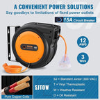 VEVOR Retractable Extension Cord Reel, 65 FT, Heavy Duty 12AWG/3C SJTOW Power Cord, with Lighted Triple Tap Outlet, 15 Amp Circuit Breaker, 180° Swivel Bracket for Ceiling or Wall Mount
