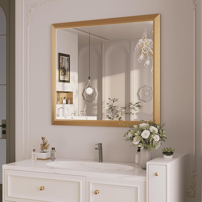 Amorho Bathroom Mirror, 40x36 Inch Golden Thick Metal Framed Wall Mirrors for Over Sink, Wall-Mounted Mirrors Perfect for Bedroom, Living Room, Entryway, Rectangle (Horizontal/Vertical).