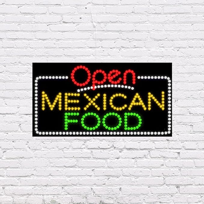 LED Mexican Food Open Sign for Retail Business Displays | Advertising Electronic Light Up Sign for Windows Walls | 17"h x 31"w x 2"d