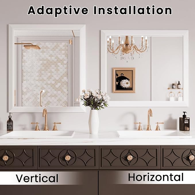 Amorho Bathroom Mirror, 44x36 Inch White Framed Bathroom Mirrors for Over Sink, Wall-Mounted Mirrors for Bedroom, Living Room, Entryway(Horizontal/Vertical).