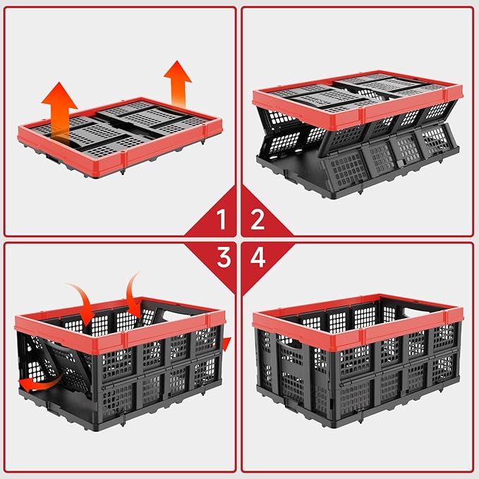 49L Collapsible Crate, Milk Crate for Storage, Foldable Storage Crate, Stackable Crate for Organizing for Home, Shopping, Camping, School, Office, Warehouse, Red