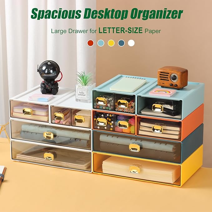 Spacious Desktop Storage Box, 1 Large Storage Drawer, Stackable Office Desk Drawer Organizer and Accessories, Printer Paper Organizer, Cyan Plastic Drawers for Workspace & Home