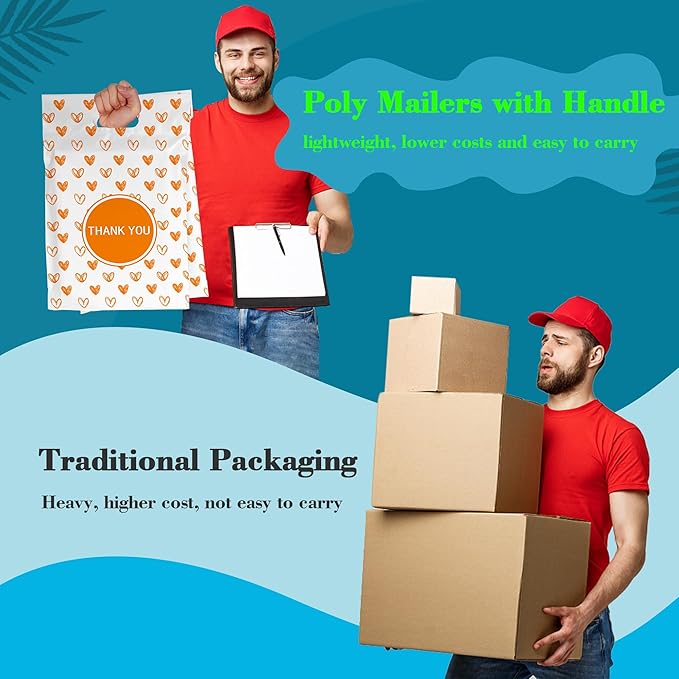 JinRuiKJ Poly Mailers with Handle 10x13 Inch 25 Pcs, Easy to Carry Packaging Bags for Small Business, Thank You Shipping Bags with Self Adhesive Strip, Tearproof and Waterproof - Yellow heart