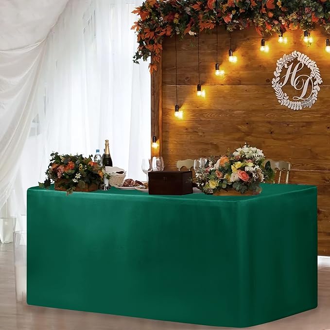 HolidayIdeas Fitted Green Tablecloths - 72 x 30 Inch - 2 Pack Rectangle Table Clothes for 6 Foot Tables, Polyester Fabric Table Cover for Christmas, Parties, Wedding, Trade Show, Banquet