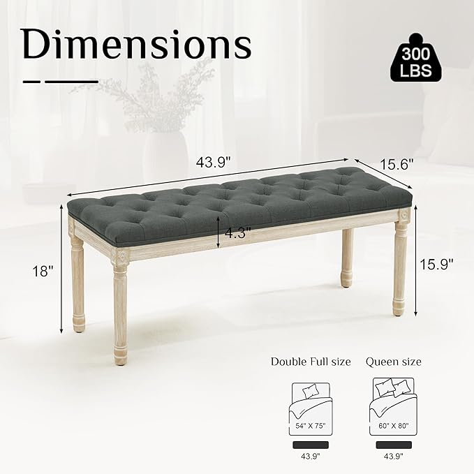LOULENS 43.9" Linen Fabric End of Bed Bench, Vintage French Upholstered Button Tufted Entry Bench, Window Seat with Carved Wood Legs for Bedroom, Living Room, Entryway, Foyer, Hallway, Dark Grey