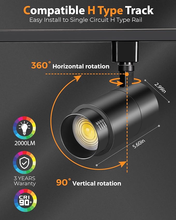 VANoopee 3-Color Zoomable 20W LED Track Lighting Heads H Type Track Light Heads Dimmable Bright Ceiling Spotlight Fixtures for Kitchen, 3000K 4000K 5000K Adjustable, CRI90+ 15°-60° 2000lm Black 3 Pack
